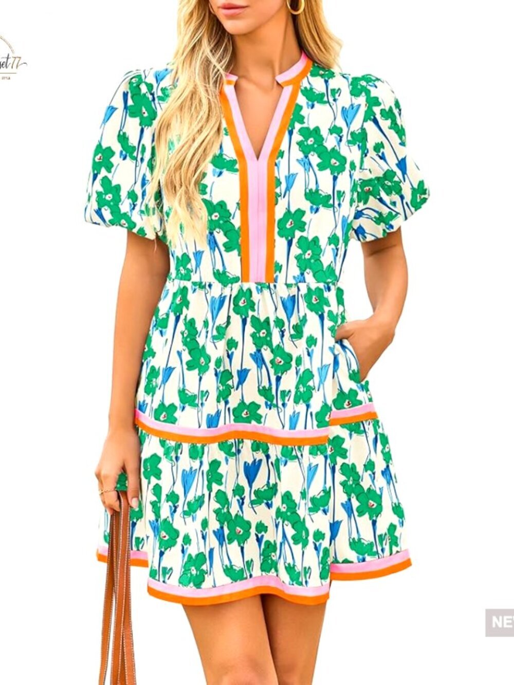 V-Neck Floral Mini Dress with Puff Sleeves, Boho Summer Casual